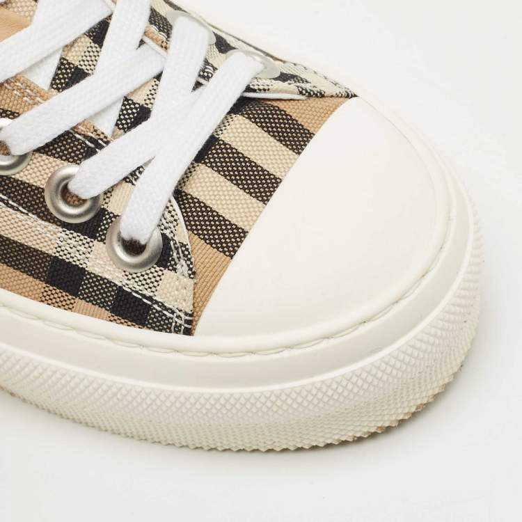 Pre Owned Burberry Beige Canvas and Rubber Check Low Top Sneakers Size 36.5
