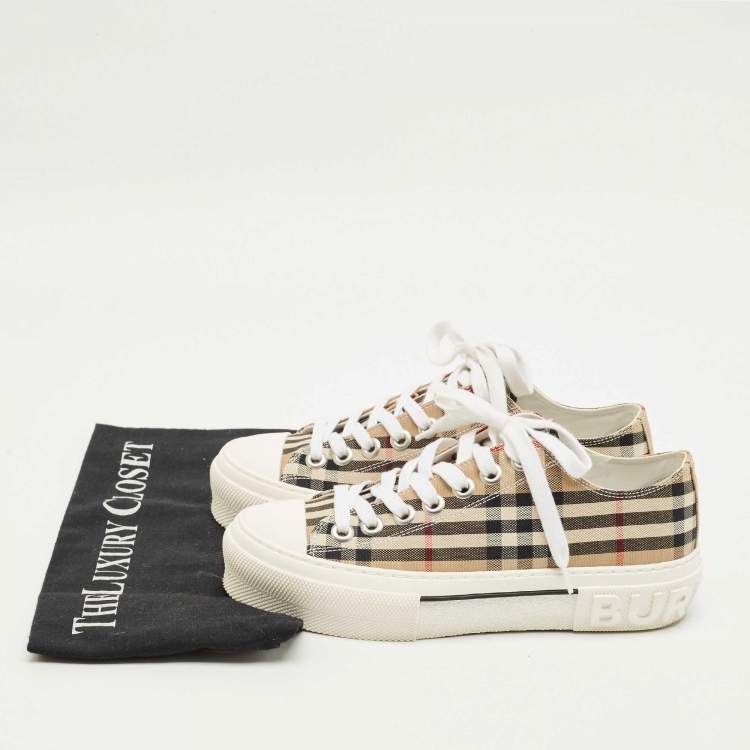 Pre Owned Burberry Beige Canvas and Rubber Check Low Top Sneakers Size 36.5