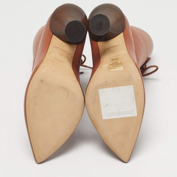 Pre Owned Burberry Tan Leather Lace Up Ankle Length Boots Size 36