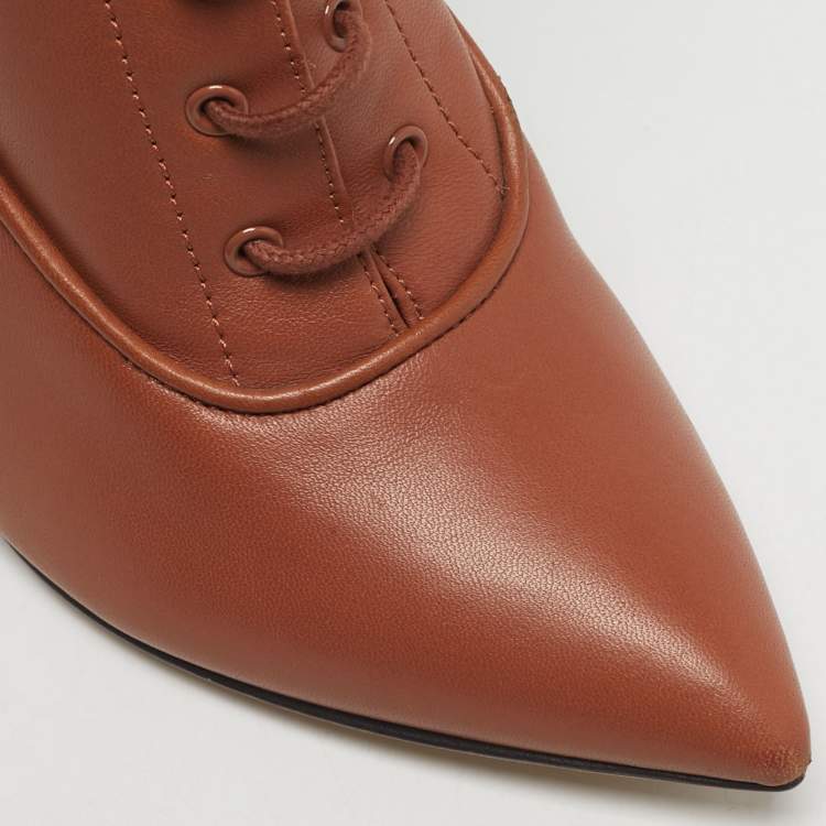 Pre Owned Burberry Tan Leather Lace Up Ankle Length Boots Size 36