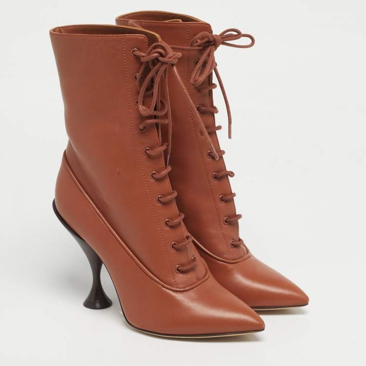 Pre Owned Burberry Tan Leather Lace Up Ankle Length Boots Size 36