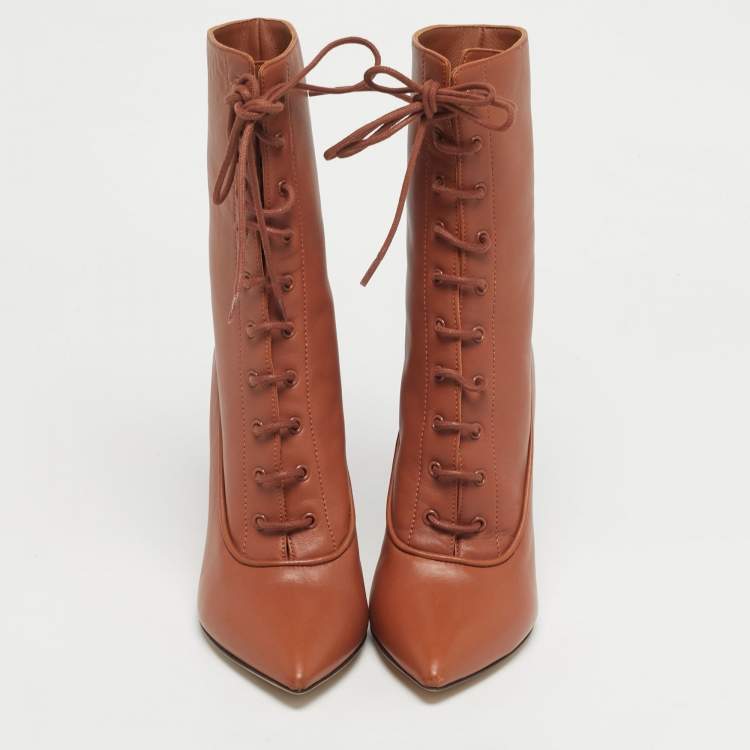 Pre Owned Burberry Tan Leather Lace Up Ankle Length Boots Size 36
