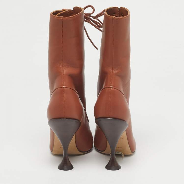 Pre Owned Burberry Tan Leather Lace Up Ankle Length Boots Size 36