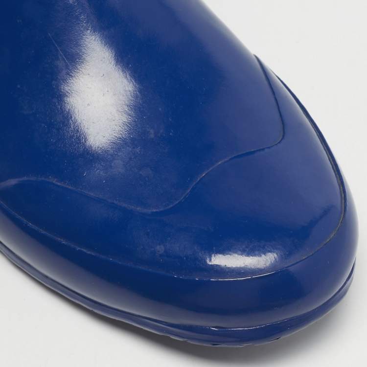 Pre Owned Burberry Beige/Blue House Check Canvas and Blue Rubber Rain Boots Size 39