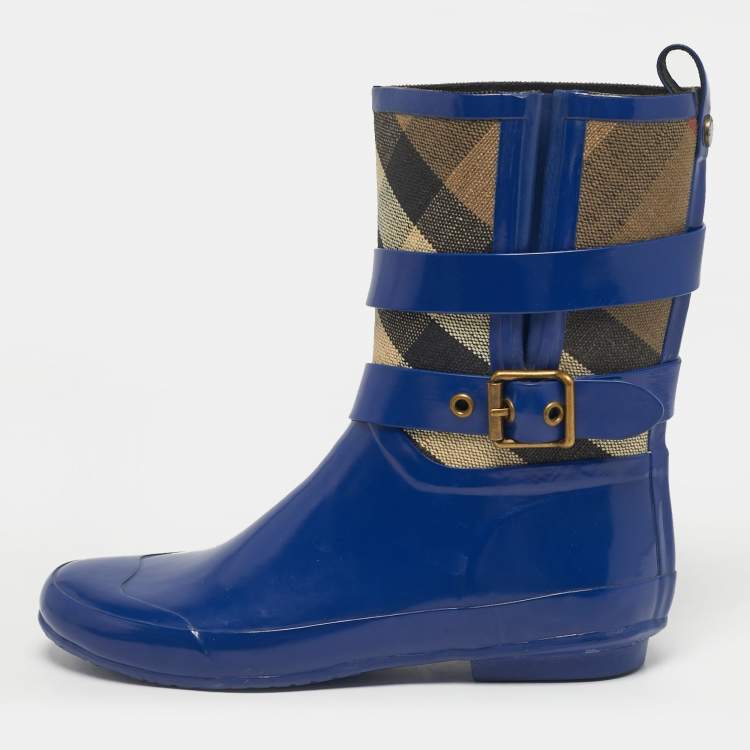 Pre Owned Burberry Beige/Blue House Check Canvas and Blue Rubber Rain Boots Size 39