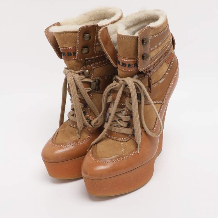 Pre Owned Burberry Brown Leather and Suede Rubber Ankle Boots Size 37