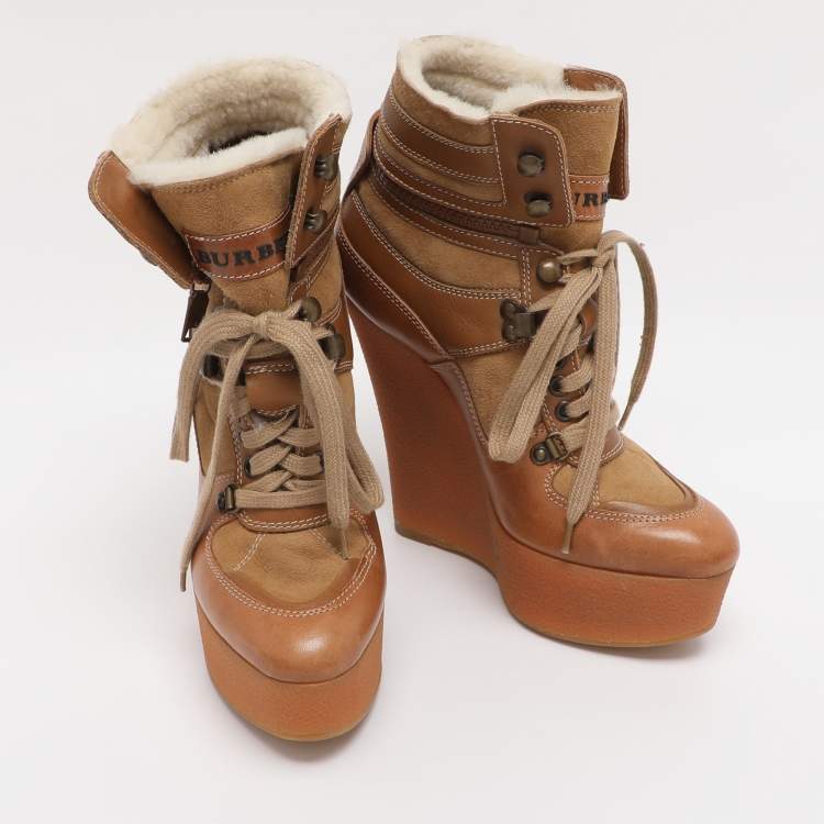 Pre Owned Burberry Brown Leather and Suede Rubber Ankle Boots Size 37