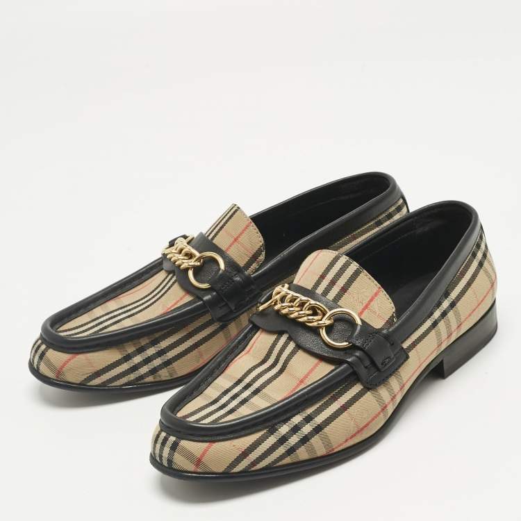 Pre Owned Burberry Beige/Black Nova Check Canvas and Leather Moorley Chain Loafers Size 37