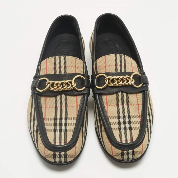 Pre Owned Burberry Beige/Black Nova Check Canvas and Leather Moorley Chain Loafers Size 37