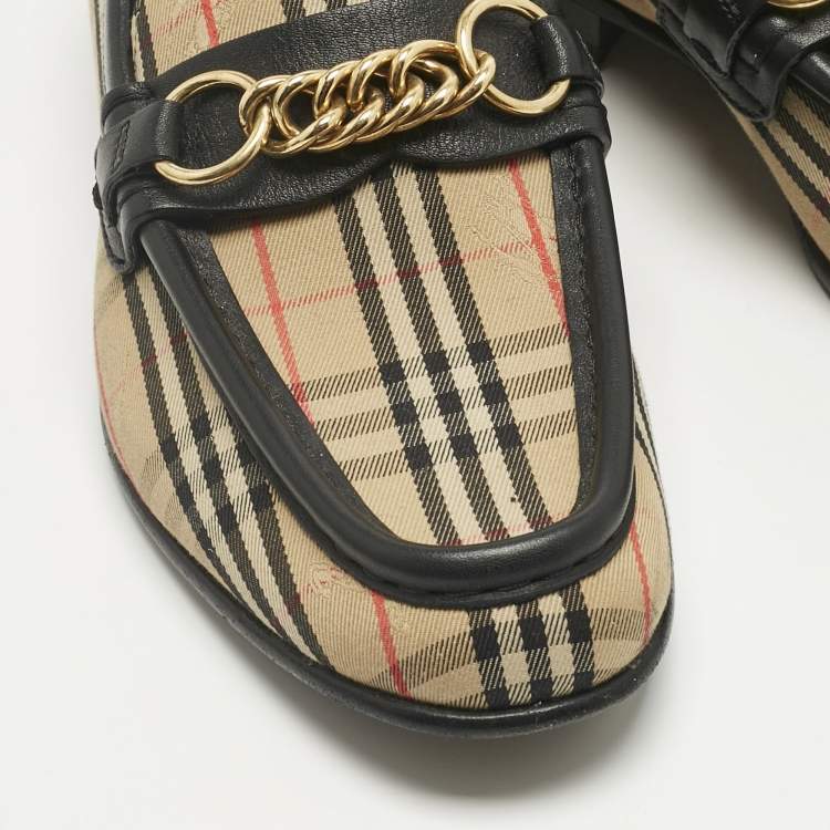 Pre Owned Burberry Beige/Black Nova Check Canvas and Leather Moorley Chain Loafers Size 37