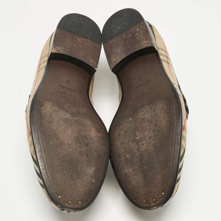 Pre Owned Burberry Beige/Black Nova Check Canvas and Leather Moorley Chain Loafers Size 37