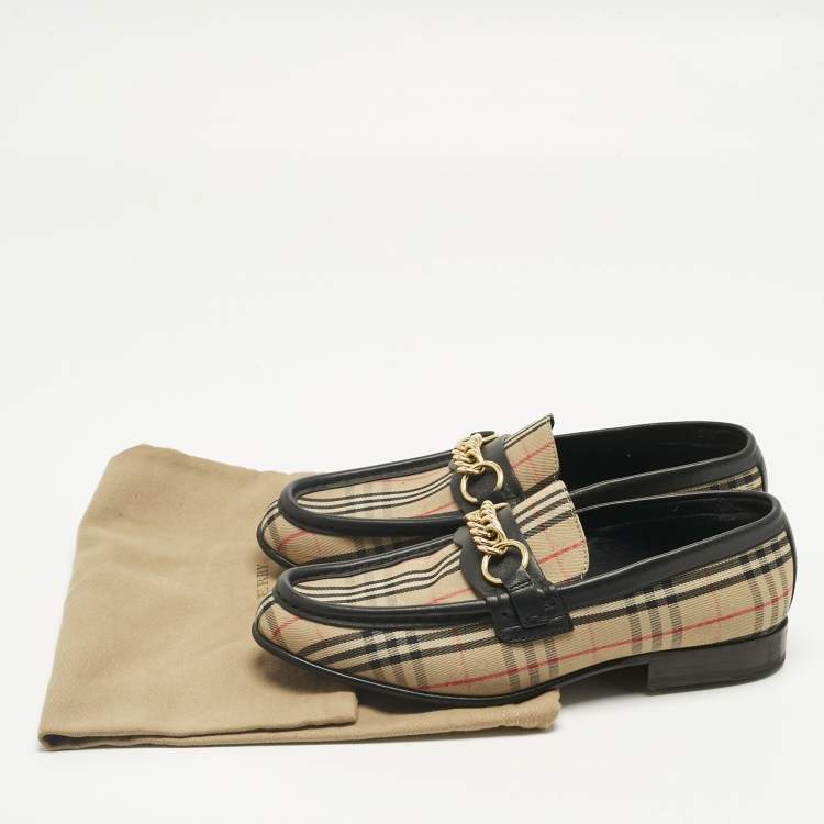 Pre Owned Burberry Beige/Black Nova Check Canvas and Leather Moorley Chain Loafers Size 37