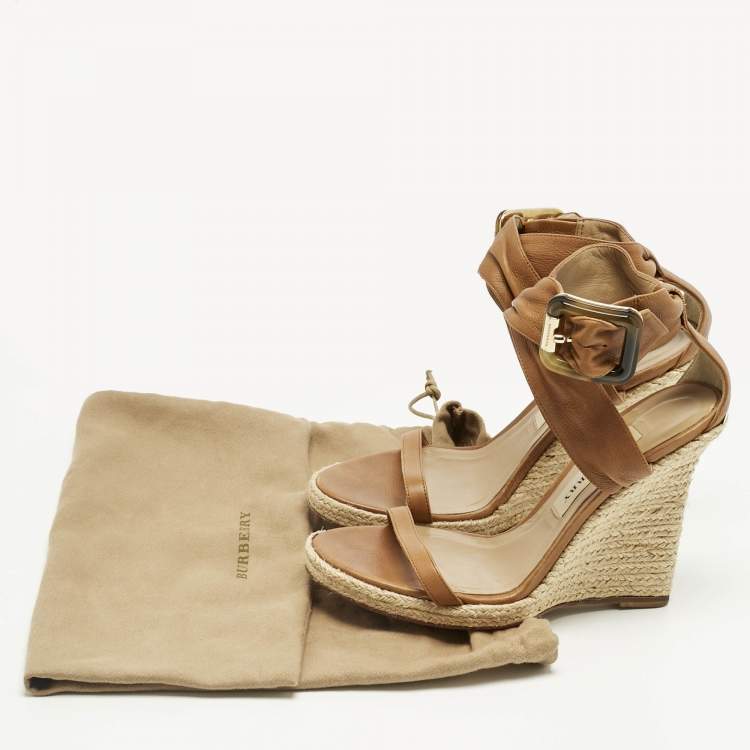 Pre Owned Burberry Brown Leather Catsbrook Espadrille Wedge Sandals Size 38