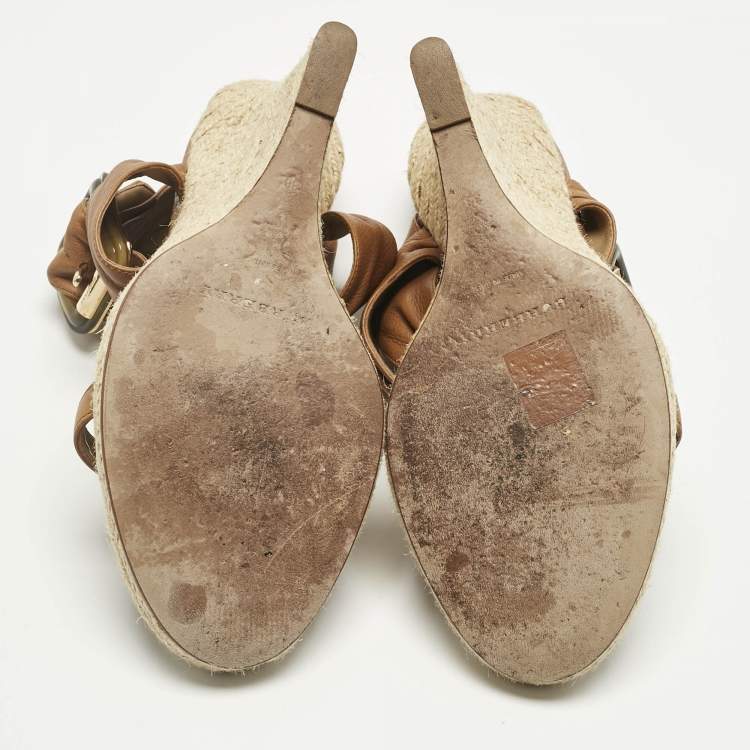 Pre Owned Burberry Brown Leather Catsbrook Espadrille Wedge Sandals Size 38