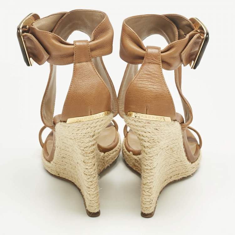 Pre Owned Burberry Brown Leather Catsbrook Espadrille Wedge Sandals Size 38