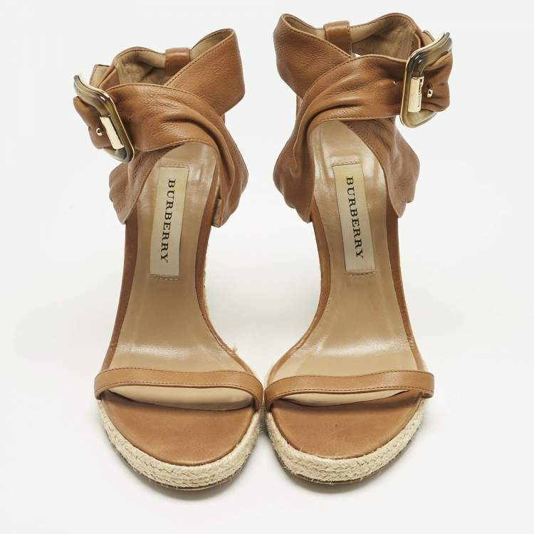 Pre Owned Burberry Brown Leather Catsbrook Espadrille Wedge Sandals Size 38