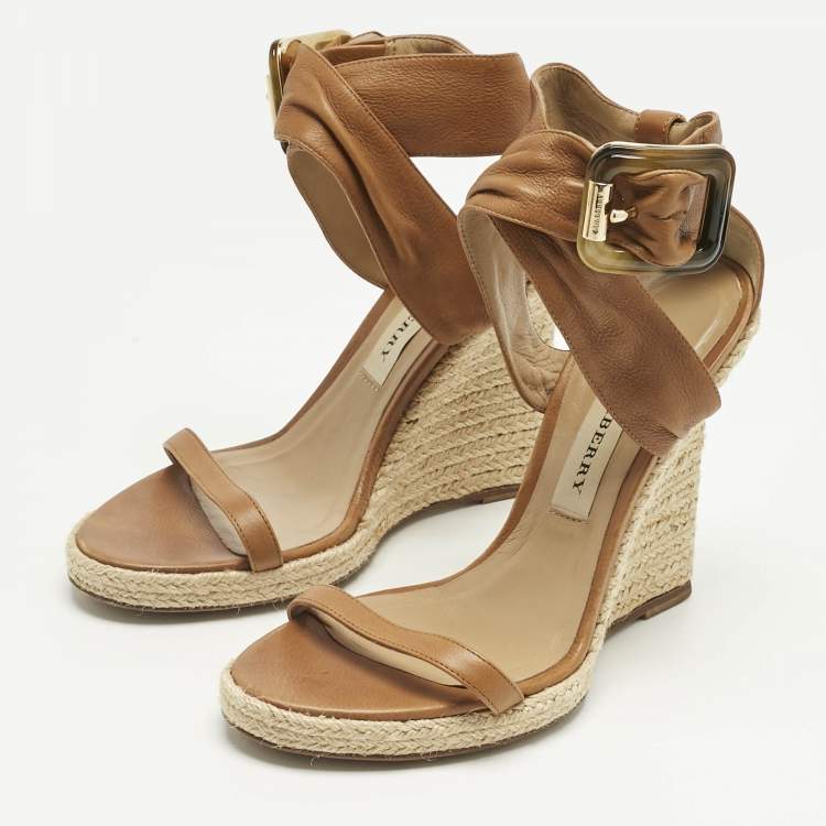 Pre Owned Burberry Brown Leather Catsbrook Espadrille Wedge Sandals Size 38