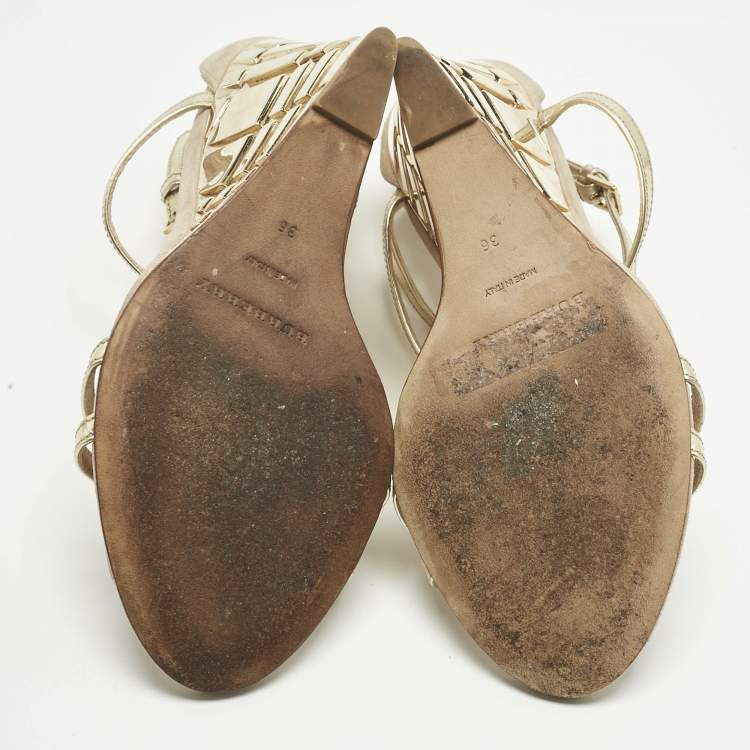 Pre Owned Burberry Beige/Gold Leather and Suede Wedge Sandals Size 36