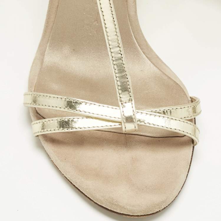 Pre Owned Burberry Beige/Gold Leather and Suede Wedge Sandals Size 36