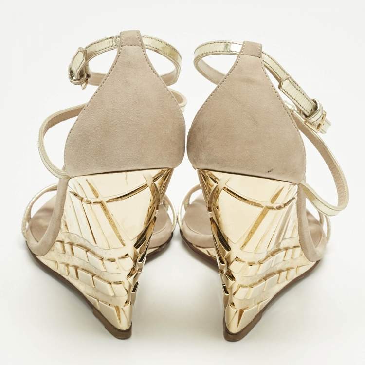 Pre Owned Burberry Beige/Gold Leather and Suede Wedge Sandals Size 36