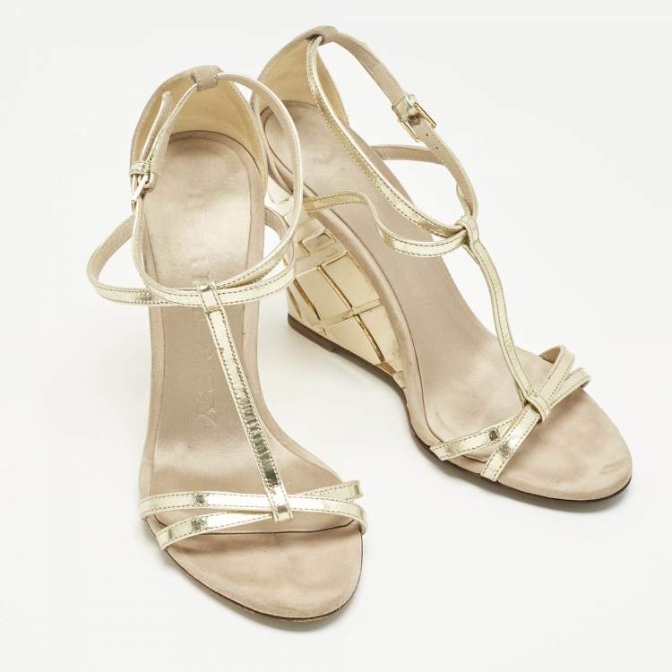 Pre Owned Burberry Beige/Gold Leather and Suede Wedge Sandals Size 36