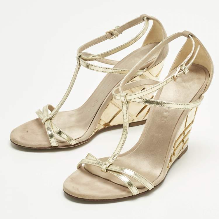 Pre Owned Burberry Beige/Gold Leather and Suede Wedge Sandals Size 36