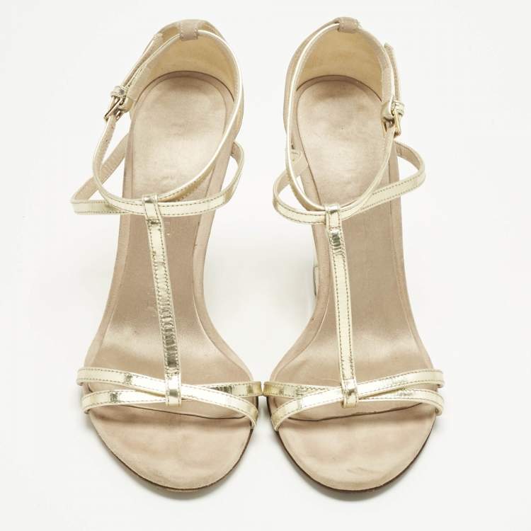 Pre Owned Burberry Beige/Gold Leather and Suede Wedge Sandals Size 36