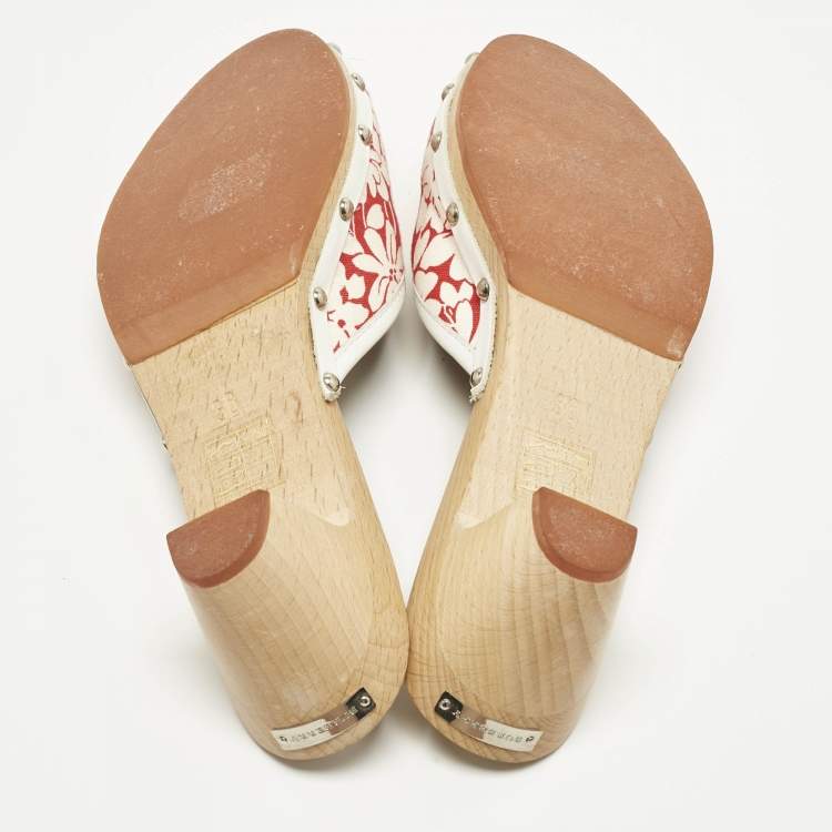 Pre Owned Burberry Cream/Red Flora Canvas and Leather Mules Size 38