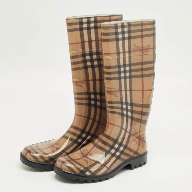 Pre Owned Burberry Brown PVC House Check Rain Boots Size 37