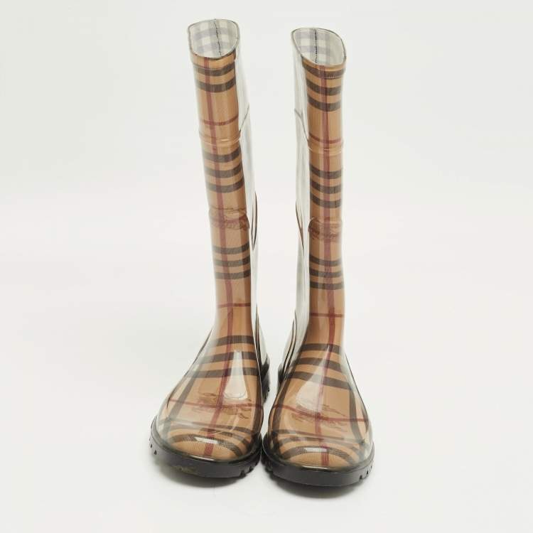 Pre Owned Burberry Brown PVC House Check Rain Boots Size 37