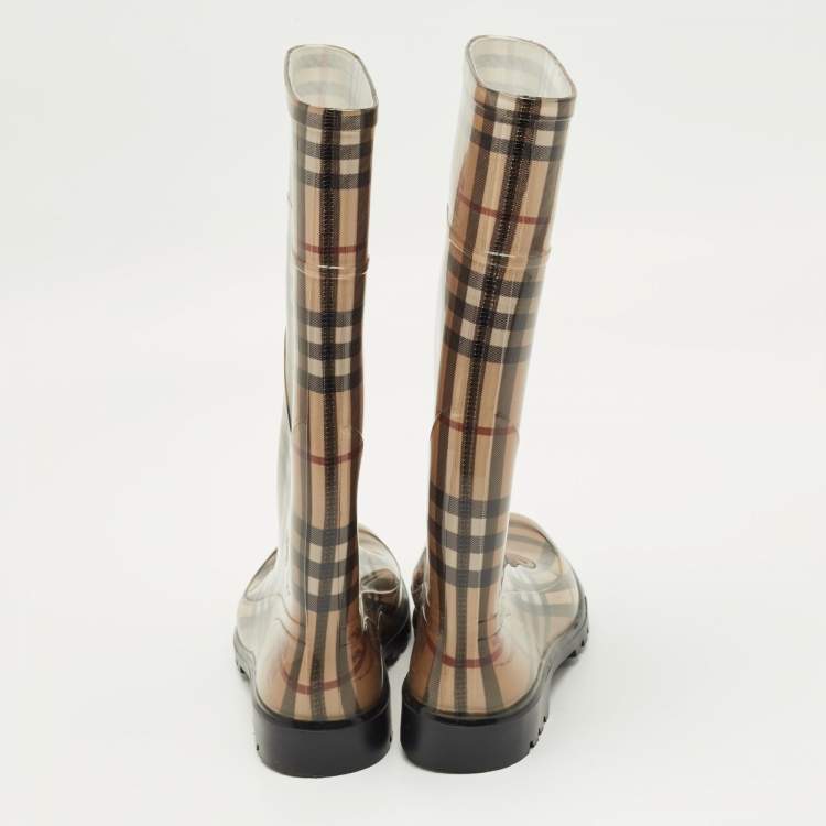 Pre Owned Burberry Brown PVC House Check Rain Boots Size 37