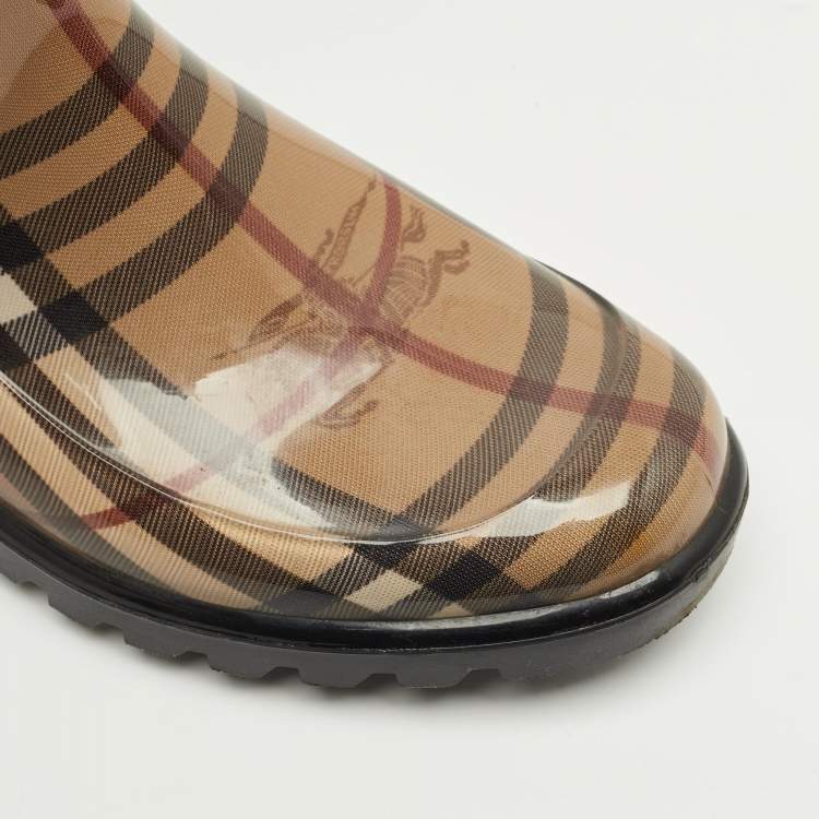 Pre Owned Burberry Brown PVC House Check Rain Boots Size 37