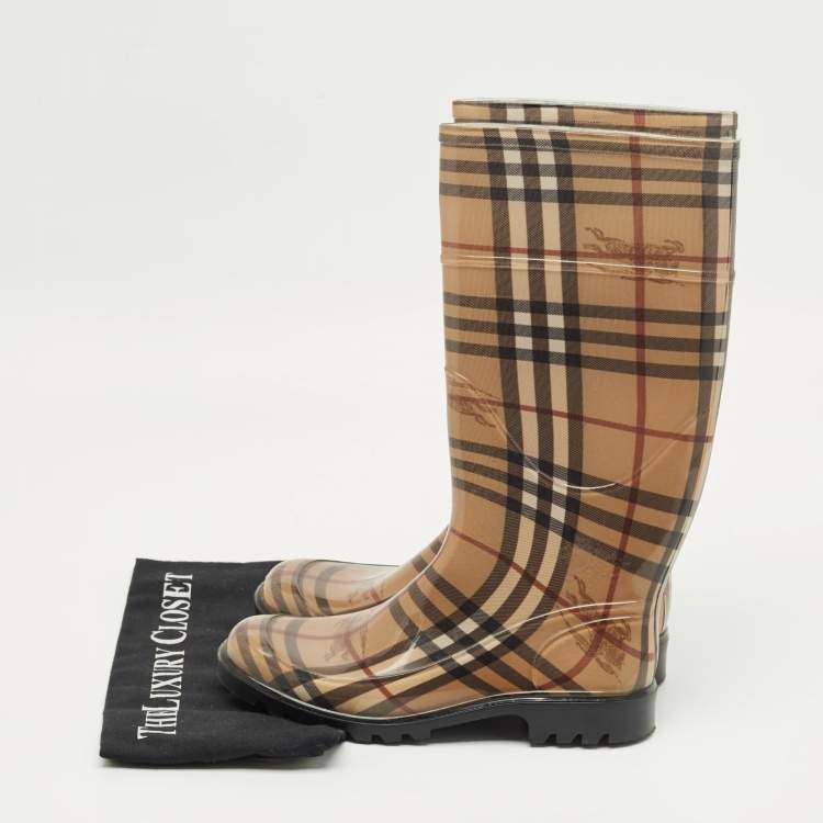 Pre Owned Burberry Brown PVC House Check Rain Boots Size 37