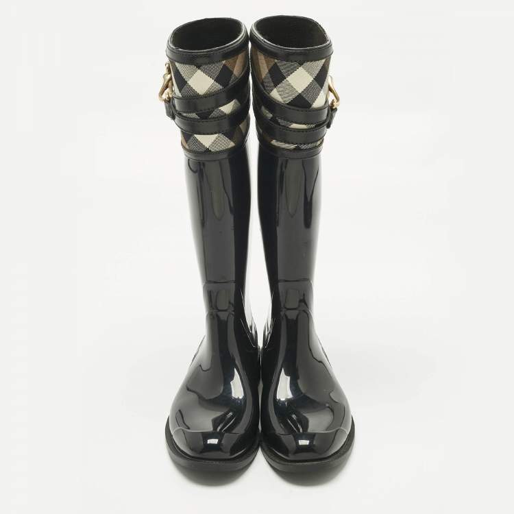 Pre Owned Burberry Black/Beige Rubber and House Check Canvas Rain Boots Size 35