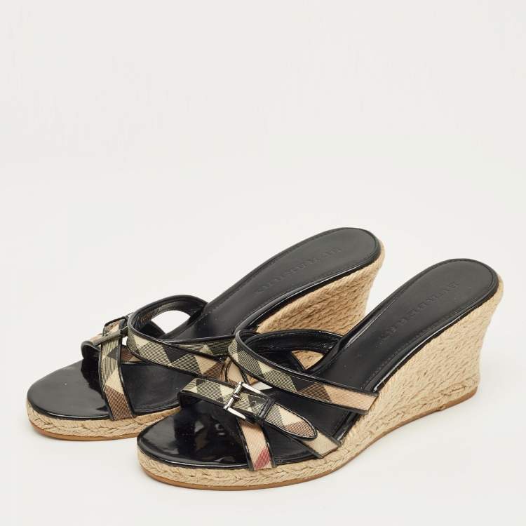 Pre Owned Burberry Beige/Black House Check Canvas and Patent Wedge Sandals Size 41