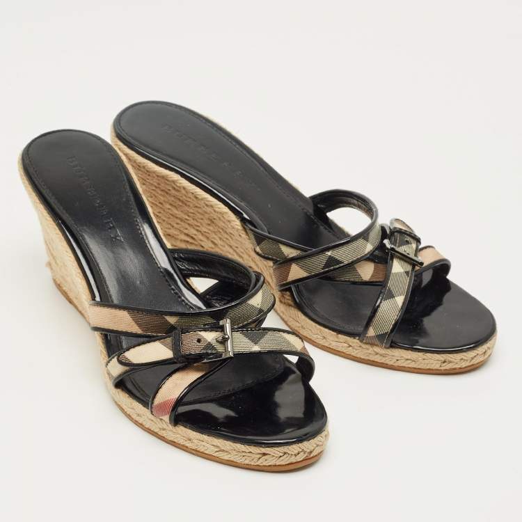 Pre Owned Burberry Beige/Black House Check Canvas and Patent Wedge Sandals Size 41