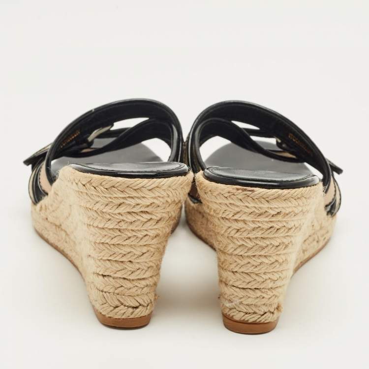 Pre Owned Burberry Beige/Black House Check Canvas and Patent Wedge Sandals Size 41