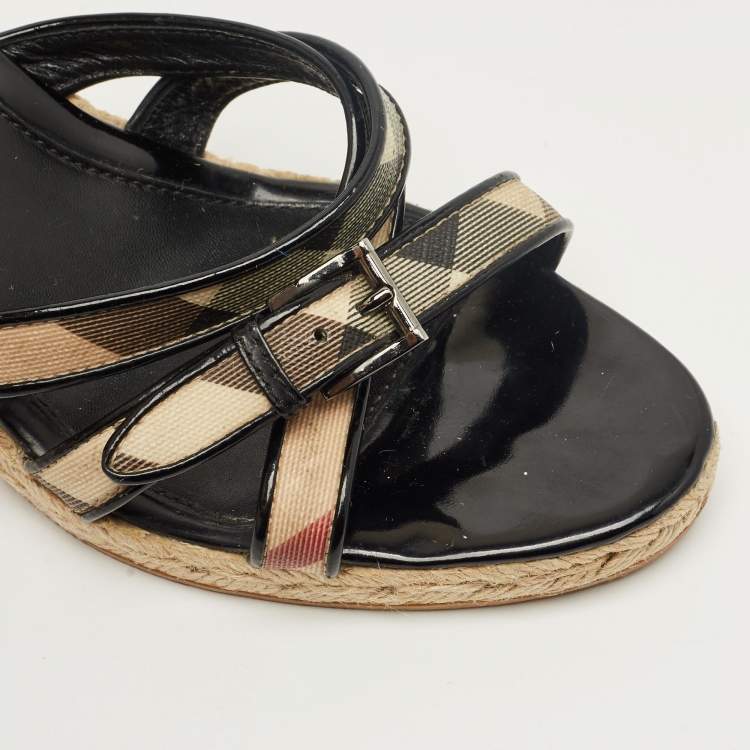 Pre Owned Burberry Beige/Black House Check Canvas and Patent Wedge Sandals Size 41