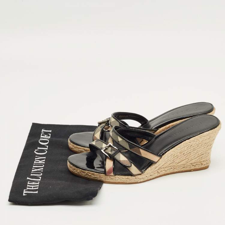Pre Owned Burberry Beige/Black House Check Canvas and Patent Wedge Sandals Size 41