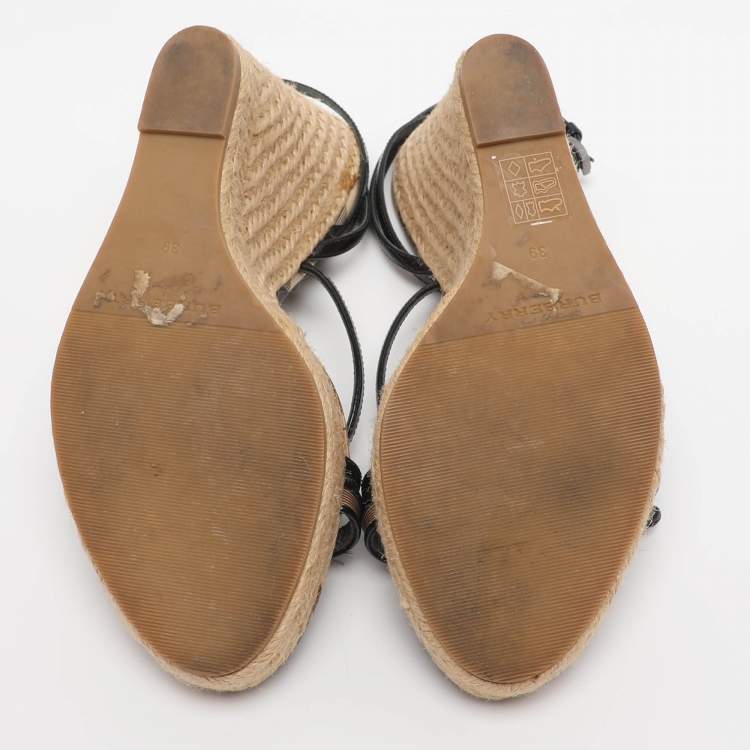 Pre Owned Burberry Beige/Black Check Patent Leather and Canvas Espadrille Wedge Sandals Size 39