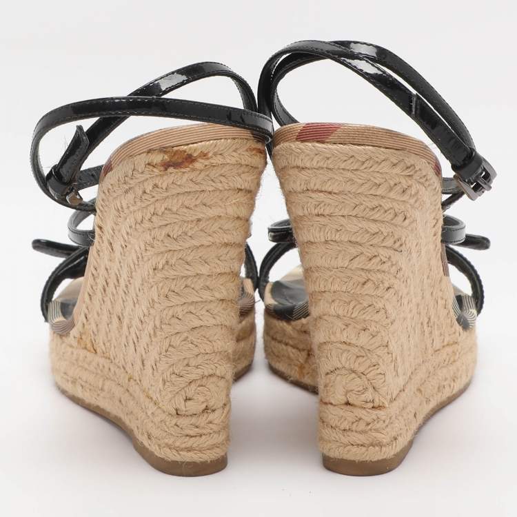Pre Owned Burberry Beige/Black Check Patent Leather and Canvas Espadrille Wedge Sandals Size 39