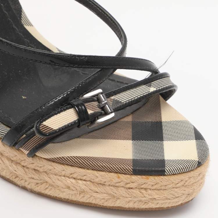 Pre Owned Burberry Beige/Black Check Patent Leather and Canvas Espadrille Wedge Sandals Size 39
