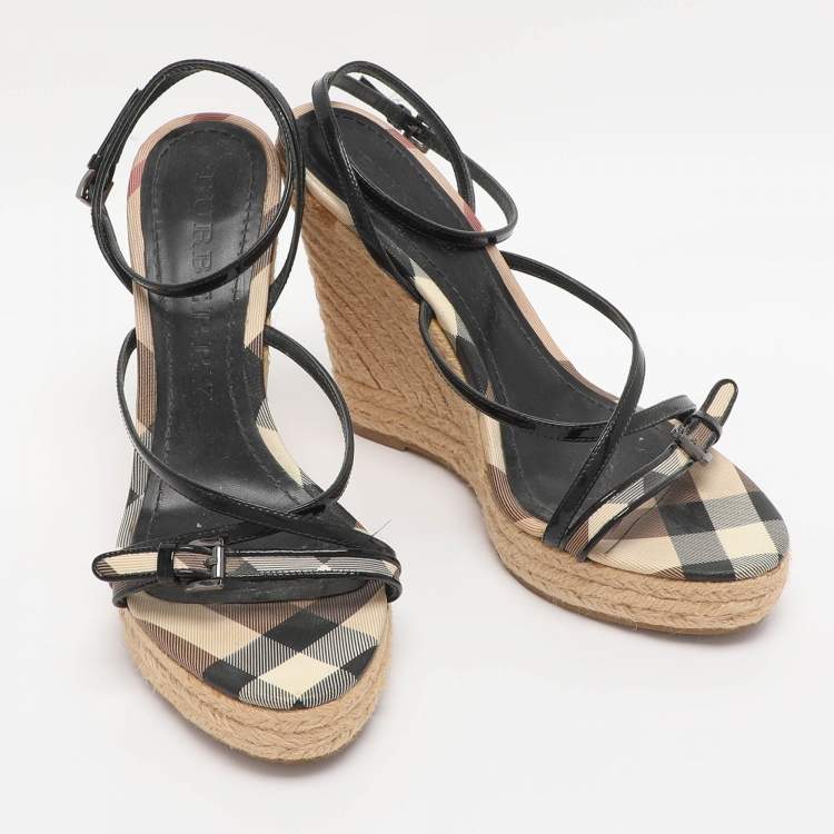 Pre Owned Burberry Beige/Black Check Patent Leather and Canvas Espadrille Wedge Sandals Size 39