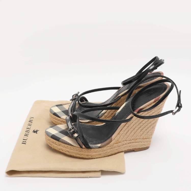 Pre Owned Burberry Beige/Black Check Patent Leather and Canvas Espadrille Wedge Sandals Size 39