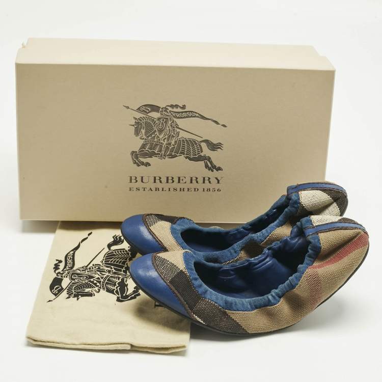 Pre Owned Burberry Blue/Beige Check Canvas and Suede Scrunch Ballet Flats Size 37