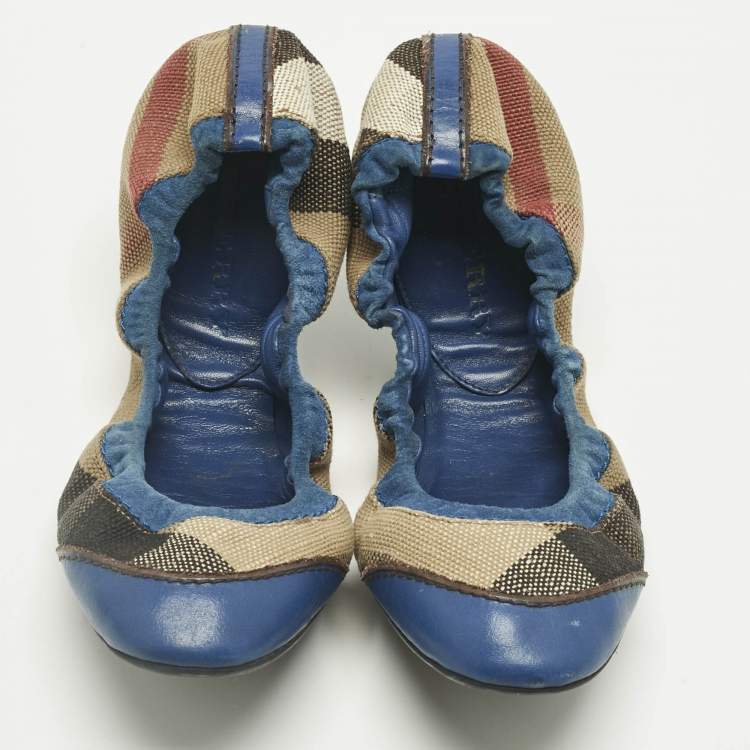 Pre Owned Burberry Blue/Beige Check Canvas and Suede Scrunch Ballet Flats Size 37