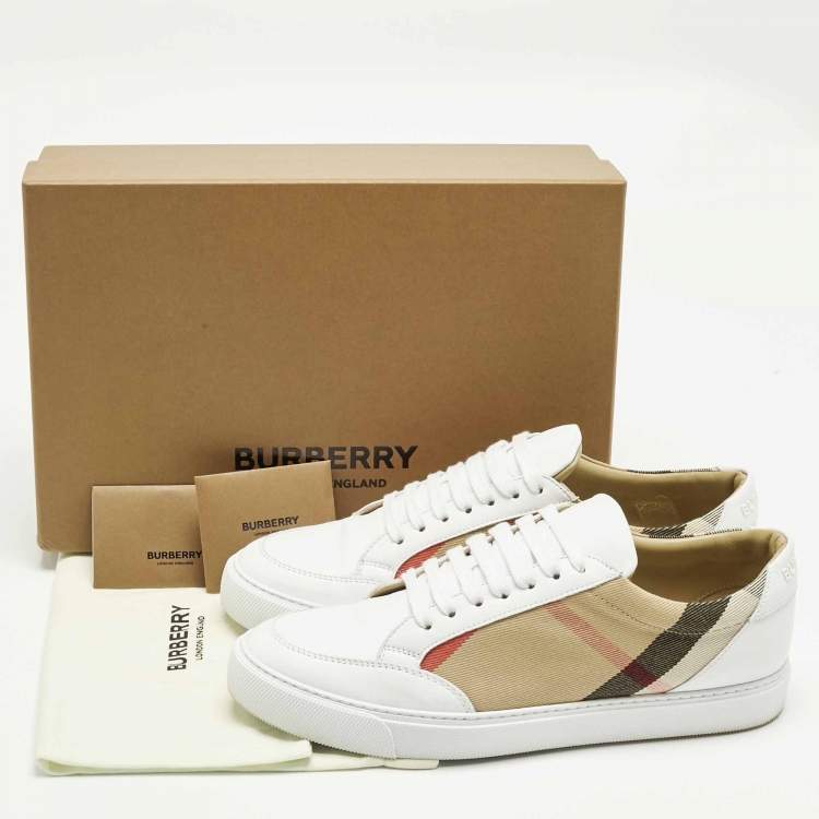 مملوكة مسبقًا Burberry White/Beige Leather and House Check Canvas Salmond Sneakers Size 40