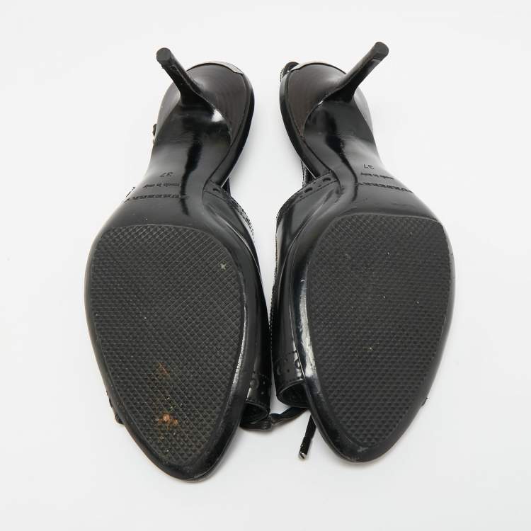 Pre Owned Burberry Black Leather Brogue Bow Open Toe Slingback Sandals Size 37