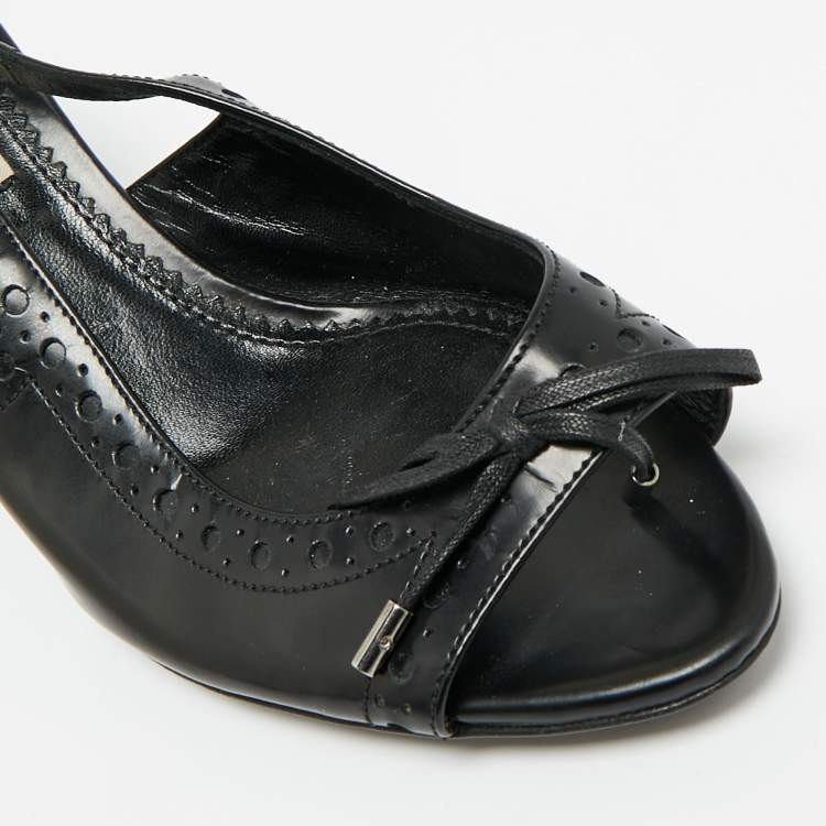 Pre Owned Burberry Black Leather Brogue Bow Open Toe Slingback Sandals Size 37
