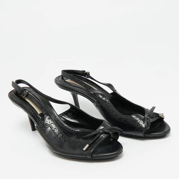 Pre Owned Burberry Black Leather Brogue Bow Open Toe Slingback Sandals Size 37